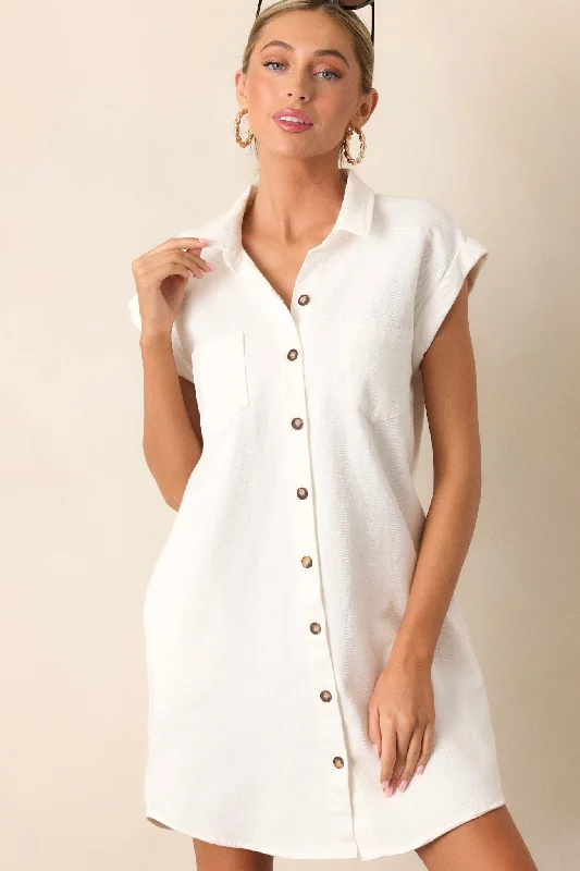 Stop & Stare White Denim Button Front Mini Dress Classic Black Mini Dress