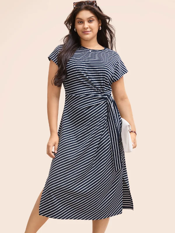 Striped Split Side Cap Sleeve Midi Dress Fashionable A-Line Midi Dress