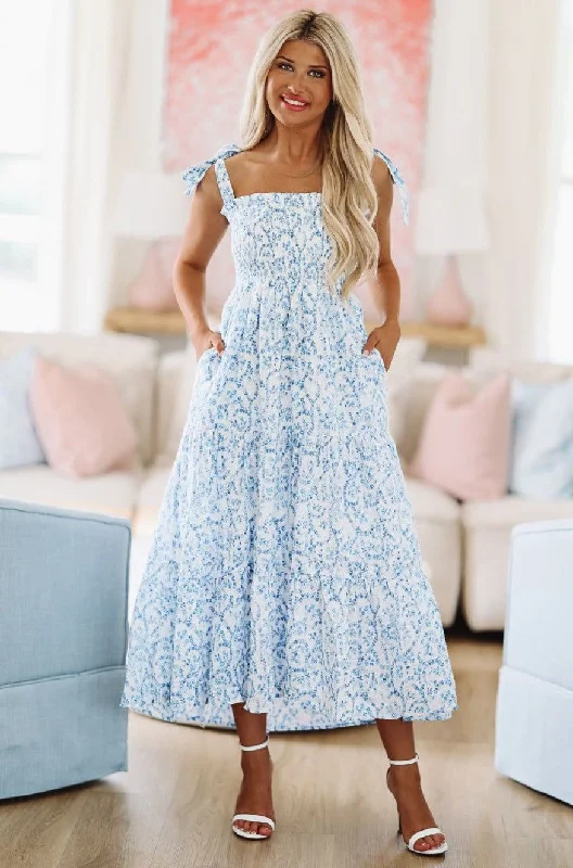 Summer Soiree Midi Dress - Blue and White Fashionable Shift Midi Dress