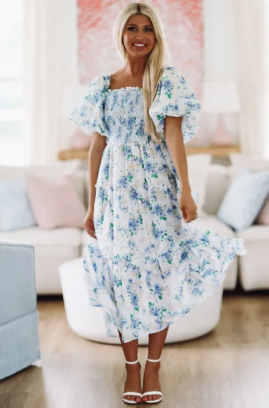 Sunday Morning Floral Midi Dress - Blue and White Trendy Shift Midi Dress