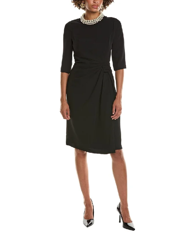 Teri Jon by Rickie Freeman Stretch Crepe Pearl Midi Dress Elegant Pleated Detail Midi Dress