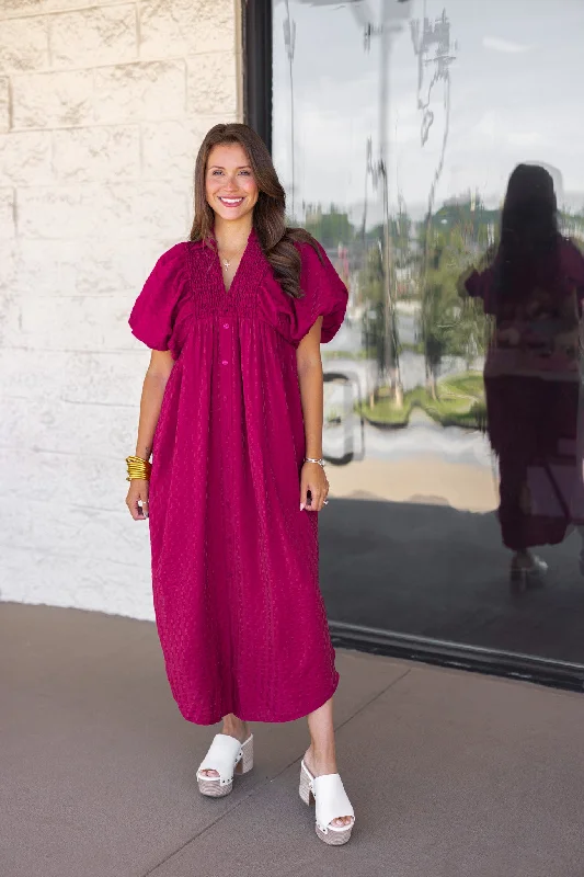 Easy Trends Textured Plum Midi Dress Stylish Off-Shoulder Ruffle Dress