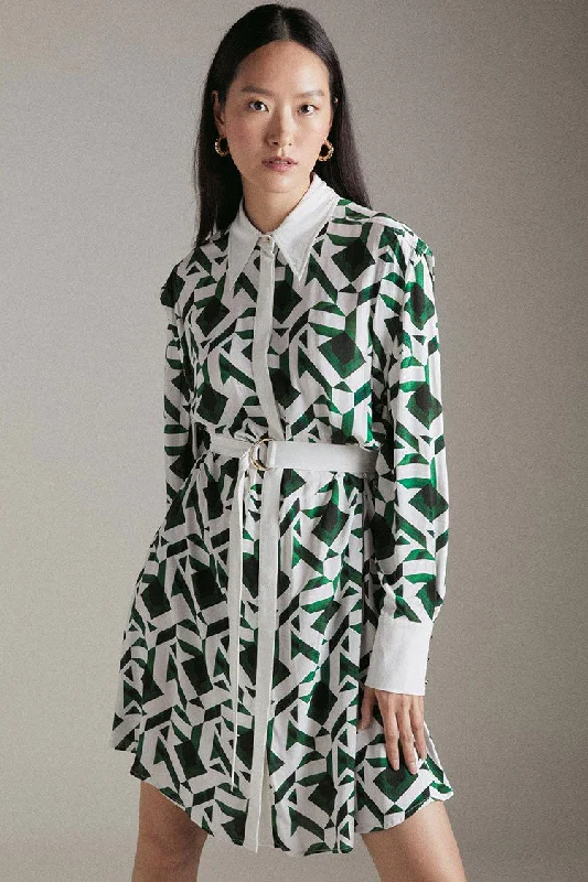 Trendy Geometric Print Long Sleeve Shirt Mini Dress - Green Cozy Ruched Mini Dress