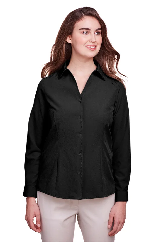 UltraClub Womens Bradley Performance Moisture Wicking Long Sleeve Button Down Shirt - Black Soft Cotton Short Tee