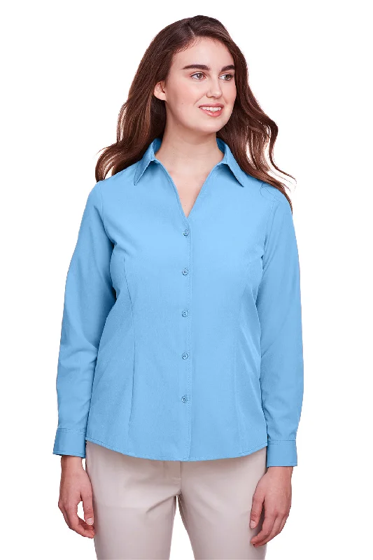 UltraClub Womens Bradley Performance Moisture Wicking Long Sleeve Button Down Shirt - Columbia Blue Classic Casual Short Sleeve