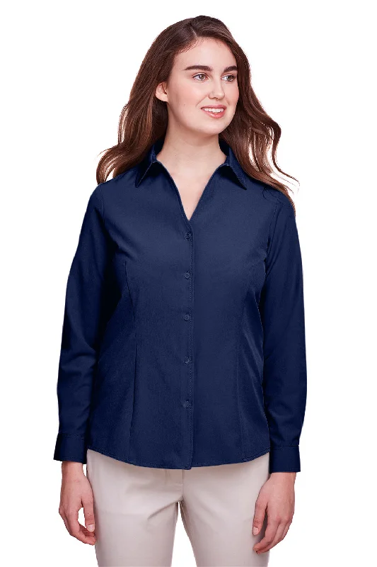 UltraClub Womens Bradley Performance Moisture Wicking Long Sleeve Button Down Shirt - Navy Blue Relaxed Fit Short Tunic