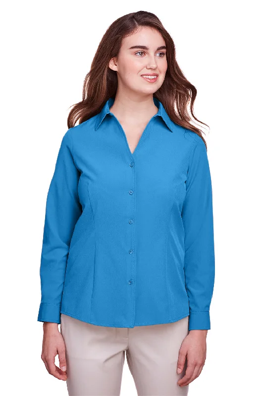 UltraClub Womens Bradley Performance Moisture Wicking Long Sleeve Button Down Shirt - Pacific Blue Soft Silk Short Sleeve