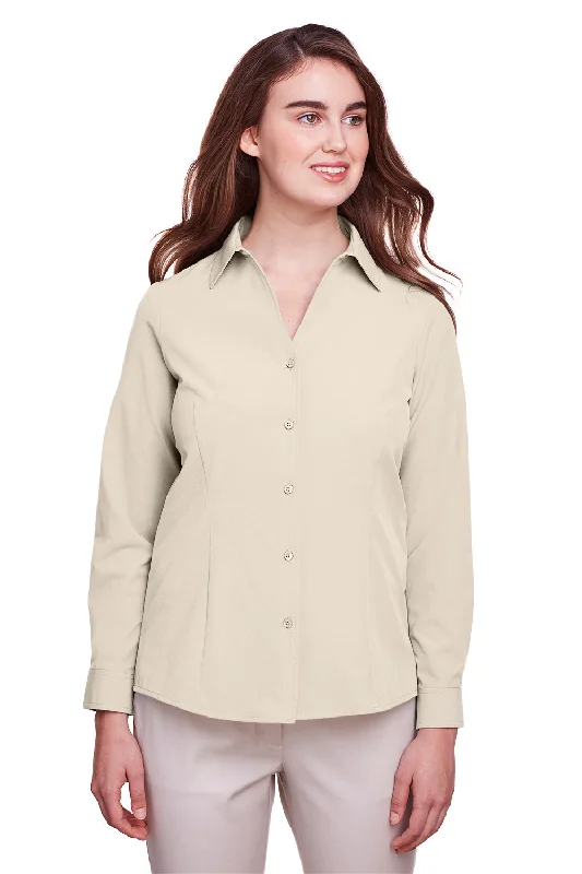 UltraClub Womens Bradley Performance Moisture Wicking Long Sleeve Button Down Shirt - Stone Relaxed Fit Short Shirt