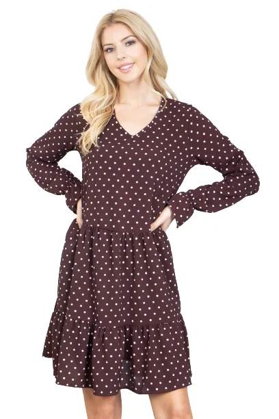 V-Neck Long Sleeve Polka Dot Mini Dress Brown - Pack of 7 Trendy Cut-Out Mini Dress