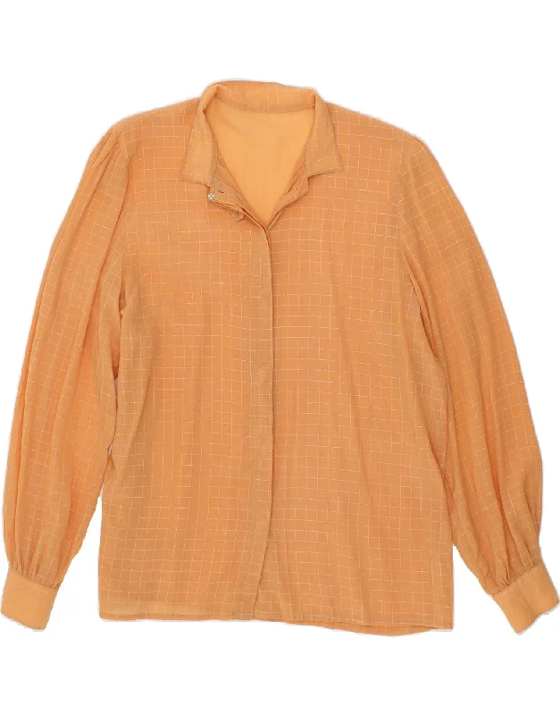 VINTAGE Womens Shirt Blouse UK 14 Medium Orange Check Fashionable Tied Short Sleeve