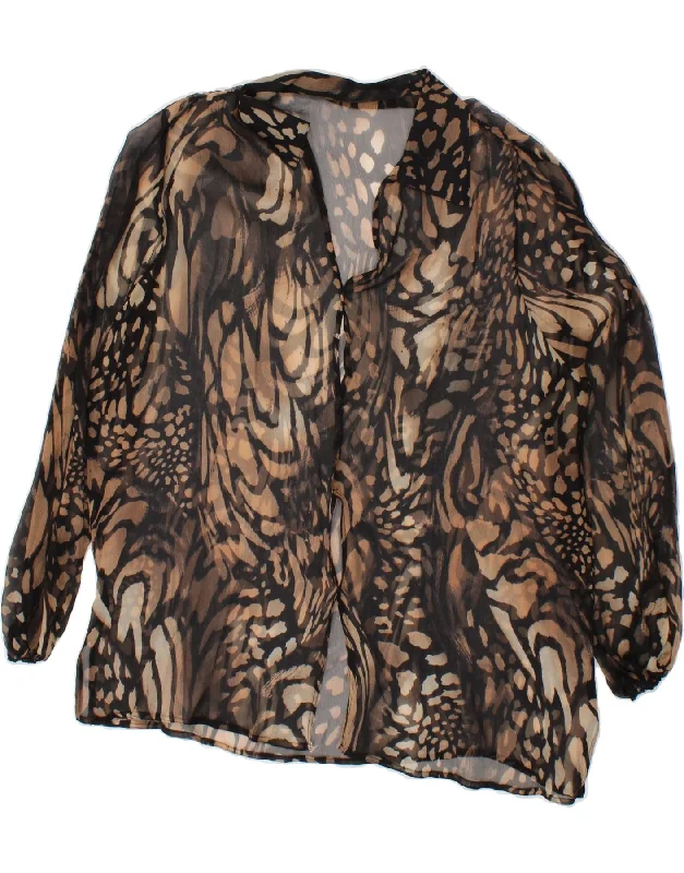 VINTAGE Womens Shirt Blouse UK 18 XL Brown Animal Print Classic V-Neck Short Shirt