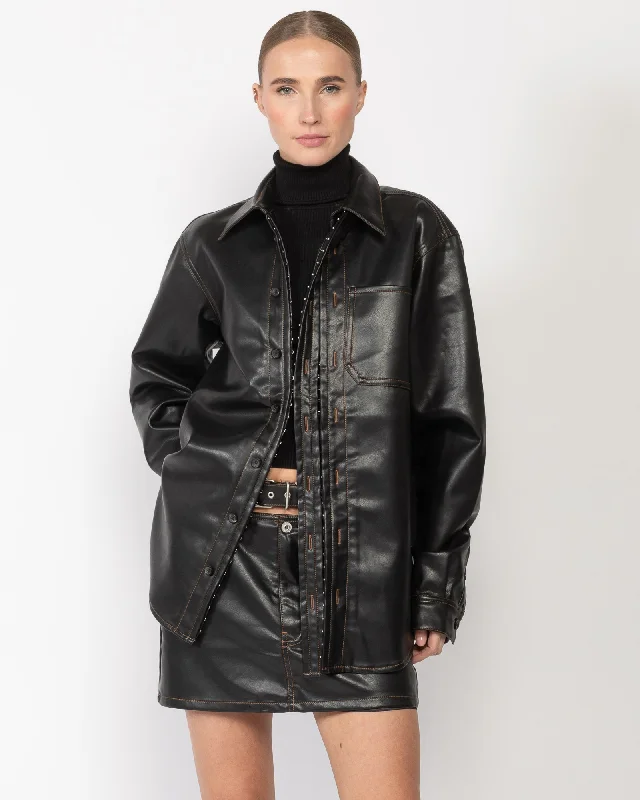 Hook & Eye Leather Shirt Fashionable Pleated Short Shirt