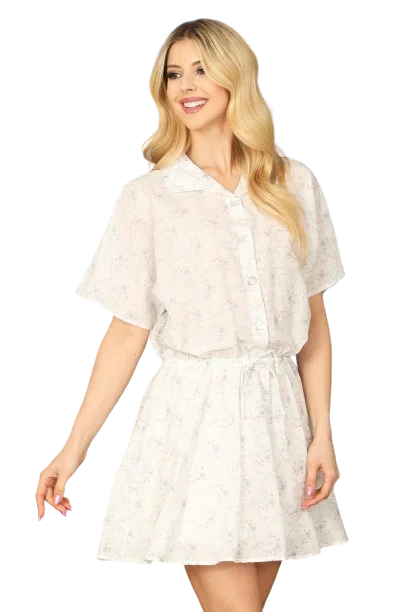 White Ultra Violet Half Sleeve Button Detail Tie Waist Mini Dress -  Pack of 5 Stylish Puff Sleeve Mini Dress