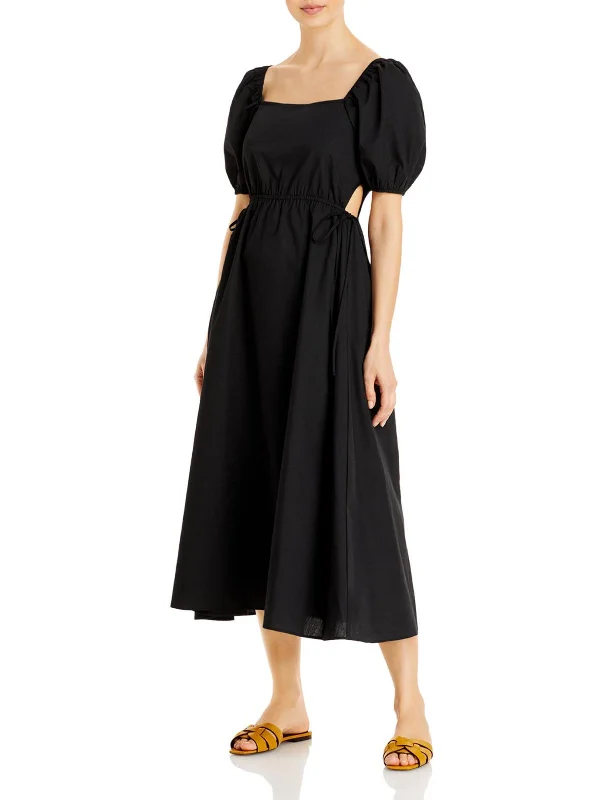 Womens Cut Out Puff Sleeves Midi Dress Stylish Satin Midi Dress