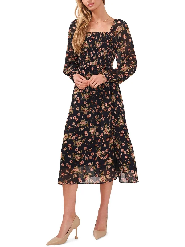 Womens Floral Square Neck Midi Dress Elegant Satin Button Midi Dress