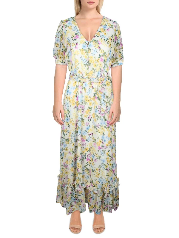 Womens V-Neck Calf Midi Dress Comfortable Floral Print Midi Dress