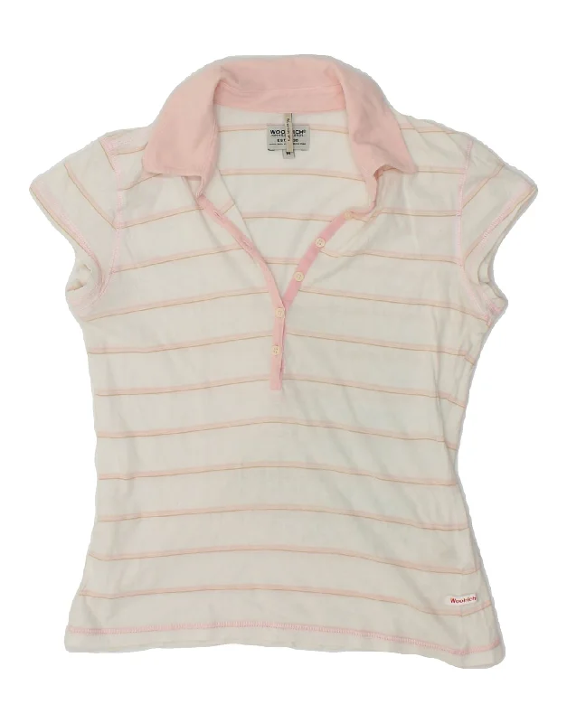 WOOLRICH Womens Polo Shirt UK 12 Medium Pink Striped Cotton Soft Cotton Short Shirt