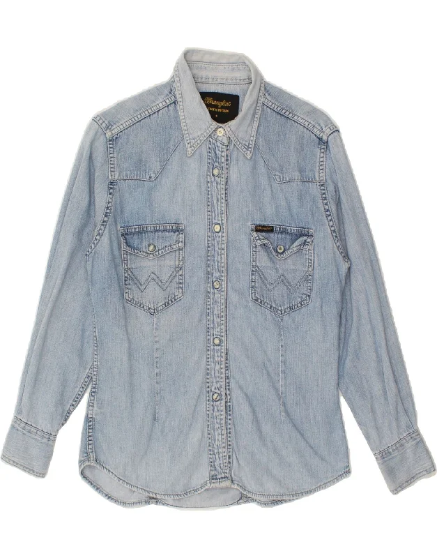 WRANGLER Womens Denim Shirt UK 10 Small Blue Cotton Fashionable Rounded Short Shirt