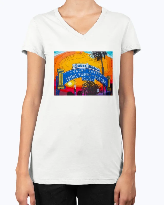 Santa Monica Pier Sign - V Neck Tee Embroidered Appliqued Beaded