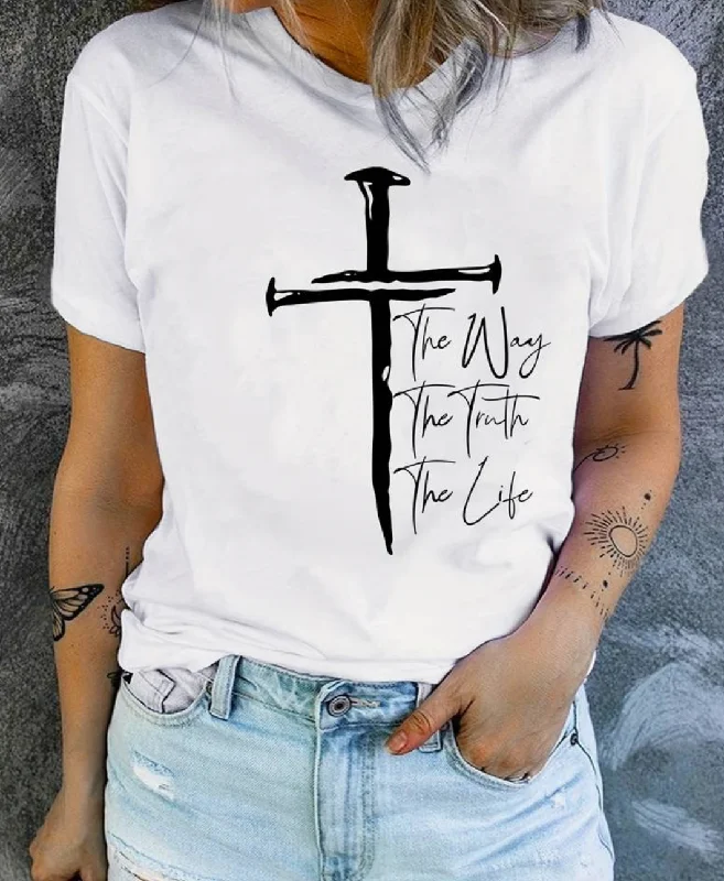 Christian Cross Print T-Shirt, Short Sleeve Crew Neck Casual Top For Summer & Spring, Women's Clothing Zippered Front Buttoned Front Snap Front