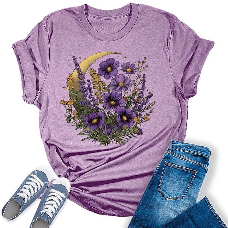 Crescent Moon Lavender Flower Graphic Tees for Women Fitted T-Shirt Seamless Stretchy