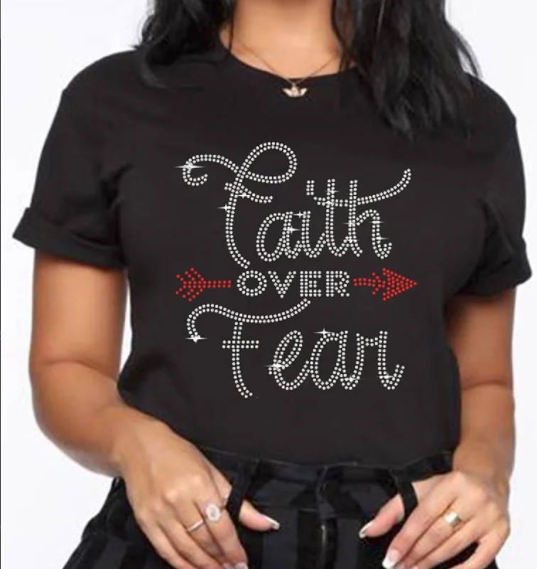 Faith Over Fear Rhinestone T-shirt, Short Sleeve Crew Neck Casual Top Plaid T-Shirt Polka Dot Checkered