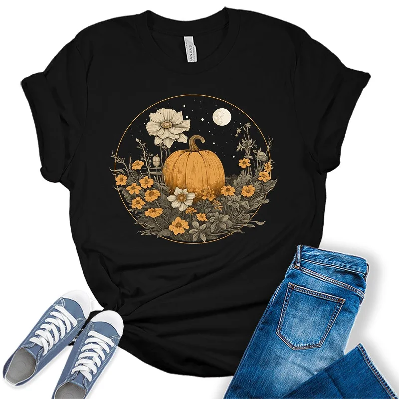 Pumpkin Cottagecore T-Shirt Womens Graphic Tees Vintage Flower Fall Shirts Girls Vintage Halloween Thanksgiving Tops Asymmetrical Pockets Print