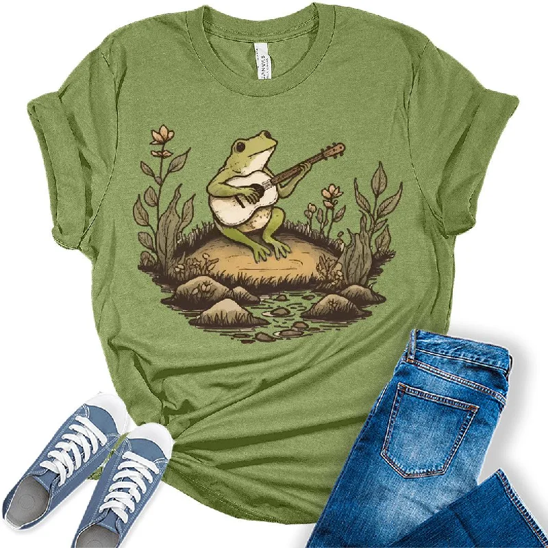 Frog Shirt Womens Cottagecore Shirts Cute Toad Playing Banjo Clothes Graphic Aesthetic T-Shirt Welt Pockets Slit Pockets Flap Pockets