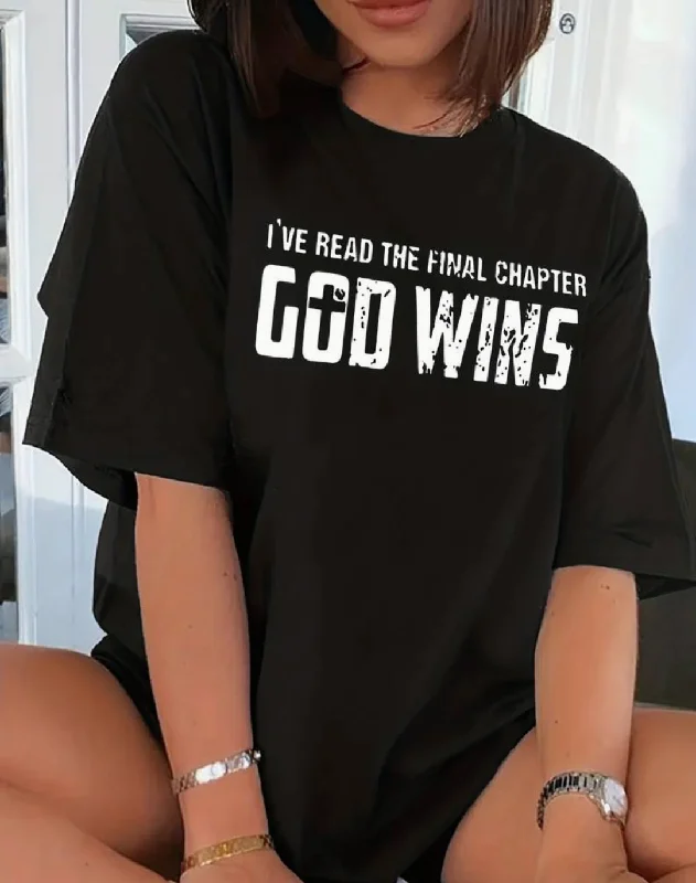 God Wins Print T-shirt, Drop Shoulder Crew Neck Casual Top For Summer & Spring, Women's Clothing Ribbed Striped Patterned