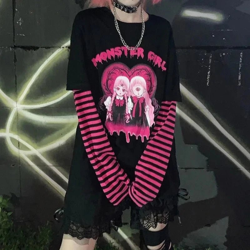 Womens Goth Punk Harajuku Weirdcore Tee Mesh Canvas Denim