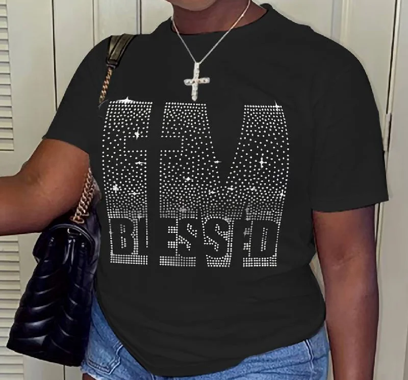 I'm Blessed Rhinestone T-Shirt, Short Sleeve Casual Top For Summer & Spring, Women's Clothing Beaded Sequined Faux Fur