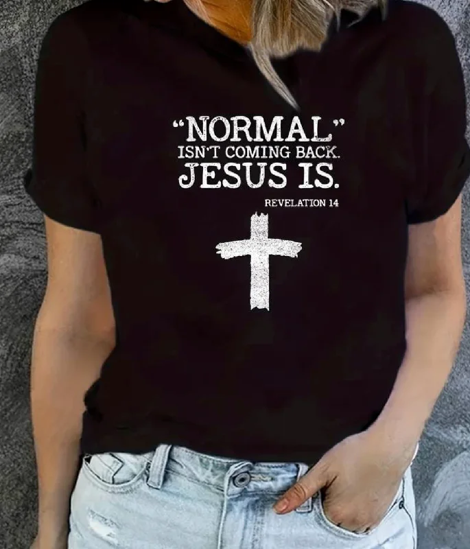 Jesus Is Print Faith Graphic T-Shirt, Short Sleeve Crew Neck Casual Top For Spring & Summer, Women's Clothing Chenille Blend Fleece Blend Nylon Blend