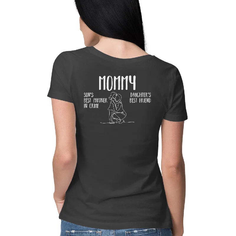 Mommy - Back Print - Ladies T-shirt Front Pockets Side Pockets Patch Pockets