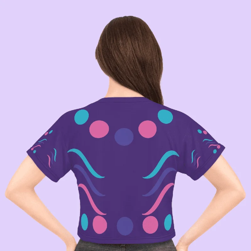 Purple Crop Tee With Pink And Blue Circles Graphic T-Shirt Round Neck Polyester