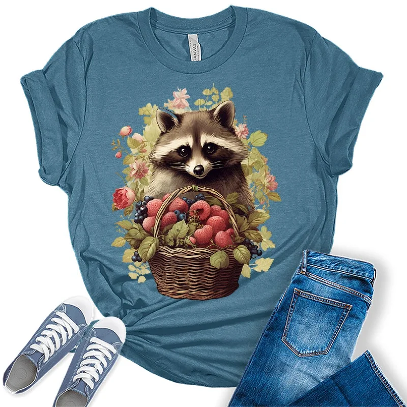 Raccoon Berries Floral Cottagecore Womens T-shirt Anti-Pilling Machine Wash Handmade