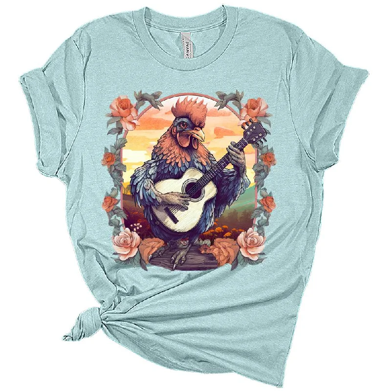 Womens Trendy Cottagecore Rooster Playing Guitar T-Shirt Aesthetic Graphic Tee Short Sleeve Top Print Jacquard Patchwork