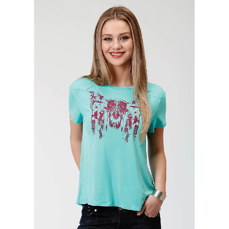 Roper Steer Skull Graphic Turquoise Womens Tee Collared Crew Neck Turtle Neck