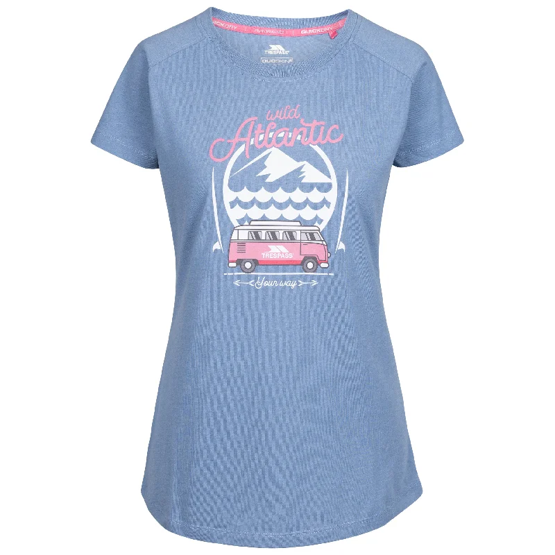 Saaf Women's Atlantic Print T-Shirt in Blue Houndstooth Herringbone Solid