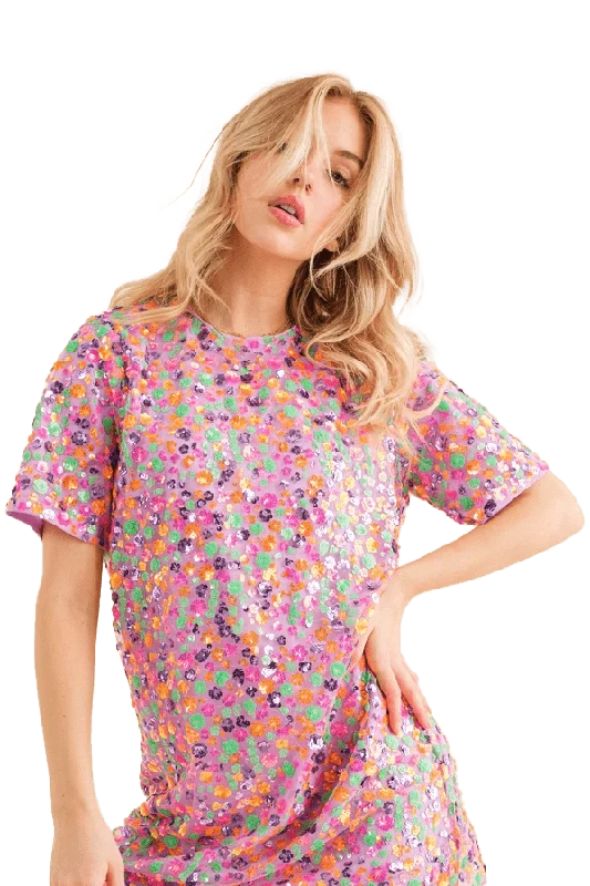 Blueb Sequin Floral Embellished Multi T-Shirt Dress Modern Contemporary Chic