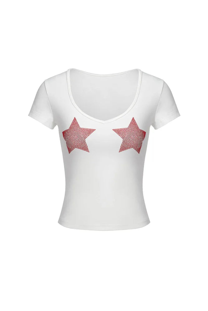 Slim Fit Star Graphic Tee - Y2K Inspired V-Neck Top for Women Anti-Shrink Durable Soft