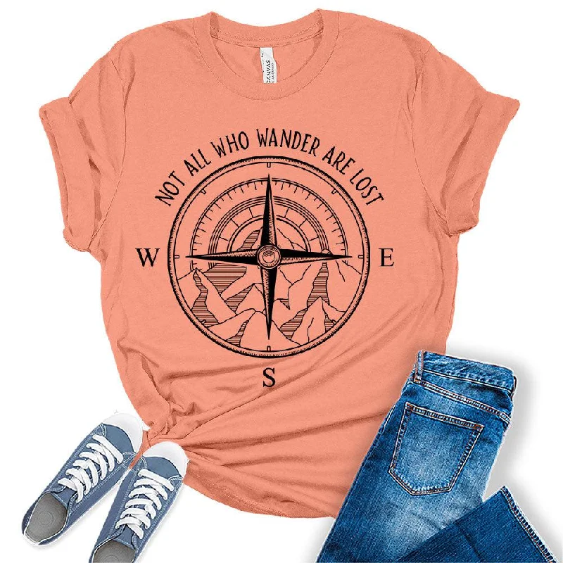 Womens Not All Who Wander are Lost T-Shirt Camping Hiking Tops Short Sleeve Regular Fit Graphic Tees Hooded Caped Shawl Collar