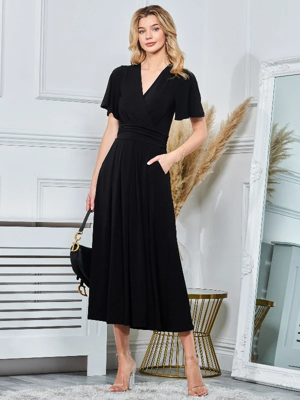 Angel Sleeve Jersey Maxi Dress, Black Fashionable Maxi Dress with Fringe