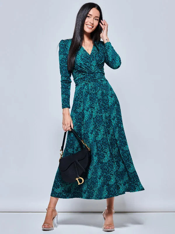 Animal Print Long Sleeve Maxi Dress, Green Animal Fashionable Halter Neck Maxi Dress