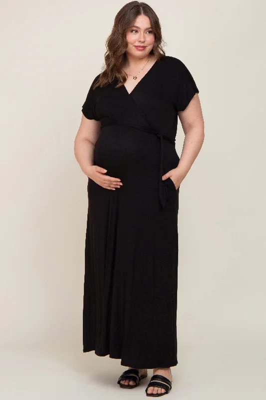 Black Basic Maternity Plus Wrap Maxi Dress Cozy Cold-Shoulder Maxi Dress