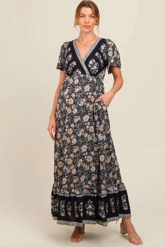 Black Floral Border Printed Woven Short Sleeve V-Neck Maternity Maxi Dress Comfortable Maxi Dress with Sleeves