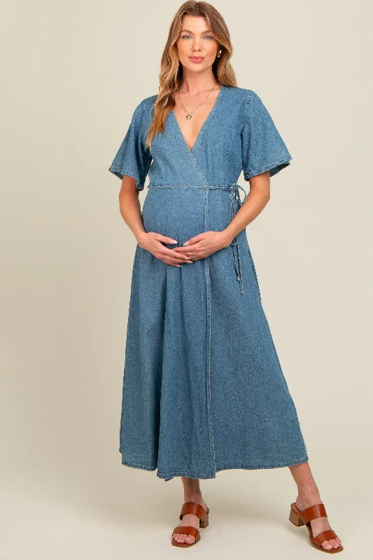 Blue Chambray Maternity Wrap Maxi Dress Classic A-Line Maxi Dress