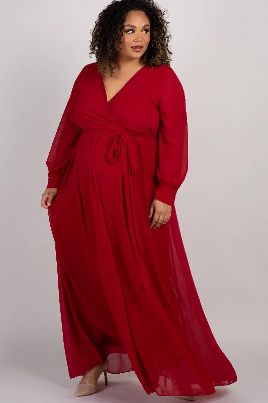 Burgundy Chiffon Long Sleeve Plus Maternity Maxi Dress Fashionable High-Waist Maxi Dress