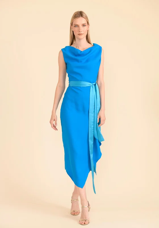 Caroline Kilkenny Olivia Draped Satin Belt Maxi Dress, Turquoise Cozy Open-Back Maxi Dress