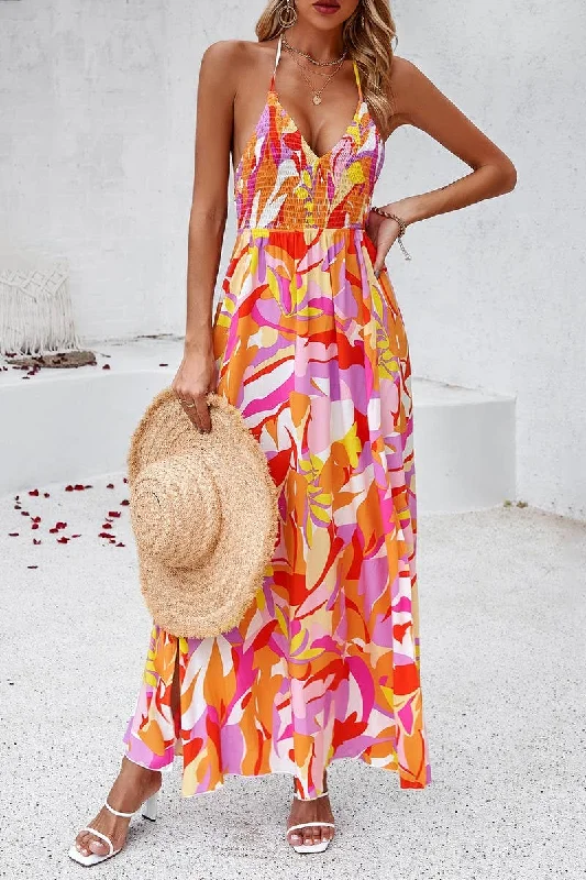 CASUAL HOLIDAY PRINT HALTER MAXI DRESS_CWDMD1123 Fashionable High-Low Maxi Dress