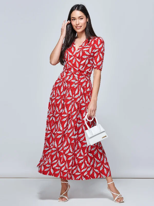 Coleen Wrap Maxi Dress, Red Leafy Trendy Button Front Maxi Dress